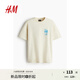 H&M【史努比】男裝女裝T恤秋季印花圓領(lǐng)寬松落肩情侶裝短袖0972640 淺米色/史努比 170/92