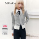 MO&Co.針織開(kāi)衫雙開(kāi)頭拉鏈小高領(lǐng)短款可機洗綿羊毛混紡條紋紅色 黑白條色-第1批 M 165