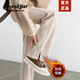 奧絲婕（Aosijie）高端品牌羊毛窄版闊腿褲女2025秋冬新款寬松休閑加絨直筒毛呢長(cháng)褲 米杏色（加絨加厚） M 【105-115斤】