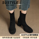 SUSTYLE國際高端品牌女裝2025冬季新款顯瘦絨面彈力粗高跟復古百搭短靴女 黑色/單里[精美禮盒] 34 [標準碼]