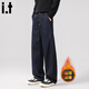 izzueit香港潮牌復古彎刀牛仔褲男秋冬新款寬松直筒潮流痞帥闊腿長(cháng)褲子 深藍色 加絨 【官方正品】 31 【適合140-150斤】