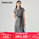 兆君2025春夏桑蠶絲新中式短袖連衣裙女國風(fēng)盤(pán)扣提花系帶真絲裙子 灰色 XL