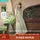 茵曼（INMAN）法式薄荷曼波連衣裙2024夏女裝新品V領(lǐng)燈籠袖抽繩 水沫綠 S