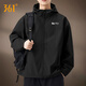 361°外套男2026春秋季新款防風(fēng)防潑水沖鋒休閑夾克男士青少年運動(dòng)風(fēng)衣 超級黑（拉鏈口袋-連帽外套） L