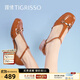 蹀愫（TIGRISSO）夏新款中跟漆皮方圓頭復古羅馬條帶包頭涼鞋女TA43109-54 棕啡色皺牛漆皮革 35 225mm