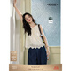 闊色（kuose）米杏色重工刺繡蕾絲衫小衫女2025夏季新款無(wú)袖蝴蝶結雪紡襯衫 米杏色 S
