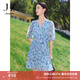 玖姿·安娜蔻V領(lǐng)雪紡連衣裙女裝夏款泡泡袖褶皺感淺藍色裙 花淺藍 S