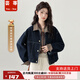 蕓蕁牛仔外套女春秋港風(fēng)翻領(lǐng)格子拼接短小個(gè)子夾克上衣 2858-格子外套- 2XL 【130-140斤】
