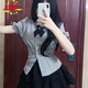 JAVC2025新款小個(gè)子純欲套裝學(xué)院風(fēng)女裝短裙子日系JK制服襯衫女夏季款 【套裝】收身青灰襯衫+黑蕾絲蓬蓬裙 L
