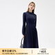 顏域長(cháng)袖立領(lǐng)法式連衣裙女秋裝2024年新款女士收腰顯瘦氣質(zhì)百褶裙 深藍 XL/42