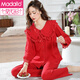 莫代爾大紅色睡衣女士春秋長(cháng)袖娃娃領(lǐng)新婚結婚套裝秋季純棉本命年家居服 8805 L 100-120