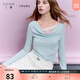 三彩2025秋季新款蕩領(lǐng)T恤拼接長(zhǎng)袖木耳邊上衣修身女 天空藍(lán) M 160/84A