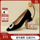 千百度絨面高跟鞋秋季新款單鞋女通勤粗跟羊皮女鞋淺口晚晚鞋 黑色 37