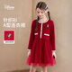 迪士尼紅色連衣裙子女童秋冬款新品年服新年公主裙法式小香風(fēng)拼接網(wǎng)紗裙