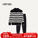 ubras【劉雯同款】慕斯絨條紋保暖加絨家居服套裝女加厚加絨睡衣冬季女 小翻領(lǐng)-黑色 M