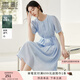 香影藍色天絲連衣裙女2025夏季新款萊賽爾收腰系帶圓領(lǐng)泡泡袖裙子 藍色 S 155/80A/85-95斤