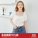 樂(lè )町白色花苞短袖上衣新款可愛(ài)甜美少女風(fēng)方領(lǐng)顯瘦全棉雪紡衫 白色（現貨） S