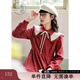 紫涵撞色披肩連衣裙女年冬季復古休閑風(fēng)高腰襯衫式中長(cháng)裙 復古紅 L