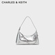 CHARLES&KEITH柔軟拉鏈式褶皺單肩包腋下包包女包女士生日禮物CK2-40782472 Silver銀色 S
