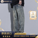 OLJ輕奢品牌男裝秋季美式高街復(fù)古做舊潑墨水洗寬松直筒闊腿牛仔褲男 藍(lán)色 28 [體重95-110斤]