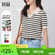 歐莎（OSA）條紋polo領(lǐng)針織衫短袖女高端夏季冰絲薄款休閑百搭顯瘦上衣 杏色 2XL