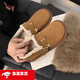 百麗踏2025新款一腳蹬勃肯鞋厚底豆豆鞋女秋冬季加絨女款雪地靴樂(lè )福棉鞋 淺棕色 40
