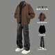 駱森馳（LUOSENCHI）美式復古假兩件棕色外套男春秋冬一整套穿搭高級感翻領(lǐng)夾克棒球服 【棕色夾克+內搭T恤+黑色褲子】 三件套 M (95-115斤)