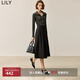 LILY秋新款女裝時(shí)髦翻領(lǐng)拼接收腰修身A字廓形針織黑色連衣裙 510黑 S