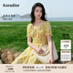 珂萊蒂爾 【度假風(fēng)】2025年夏季新款淑女茶歇裙女V領(lǐng)碎花收腰花苞袖連衣裙 淡黃色 XL
