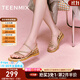 天美意拖鞋女坡跟條帶軟底外穿涼鞋舒適簡(jiǎn)約百搭時(shí)尚女鞋CTI20BT4 粉金 37