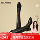 達芙妮（DAPHNE）長(cháng)靴女不過(guò)膝高筒靴秋冬新款加絨高跟長(cháng)筒靴V口尖頭皮靴 黑色 加絨 跟高6.5cm 37 (235mm) 標準碼