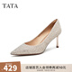 他她（TATA）酒杯鞋婚鞋新娘鞋伴娘鞋宴會高跟鞋女鞋細跟配裙子單鞋新 粉金（7cm）-流光款 36