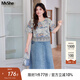 MsShe【復古國風(fēng)印花連衣裙】大碼女裝2025夏胖mm拼接蕾絲牛仔裙 牛仔淺藍色現貨 2XL