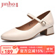 金猴（JINHOU）女鞋氣質(zhì)簡(jiǎn)約女單鞋通勤耐磨透氣小皮鞋一字扣帶粗跟中跟女鞋 米白色 37