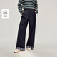 茵曼（INMAN）茵曼格紋翻邊休閑闊腿褲2026春女裝新款直筒松緊腰長(cháng)褲 深藍色 S