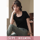 謎秀【安心品質(zhì)】2025春夏季新款正肩短袖t恤女方領(lǐng)短款高級(jí)感上衣 黑色 S