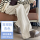 YINGBANI毛呢褲子女秋冬高腰加絨加厚人字紋寬松休閑窄版直筒女褲闊腿褲女 奶杏色長(cháng)褲一春秋款 M 建議95-105斤