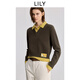 LILY100%羊毛2025冬新款女裝復古翻領(lǐng)POLO領(lǐng)假兩件針織衫套頭毛衣 728茶色 L