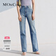 MO&Co.牛仔褲春夏復古洗水磨白棉質(zhì)手磨貓須精裁高腰直筒利落摩安珂 牛仔淺藍色 M