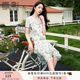 香影假兩件碎花連衣裙女2025夏季新款藍色吊帶拼接荷葉邊甜美裙子 藍色 S