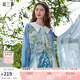 兩三事輕舞花揚 2025夏季新款拼色翻領(lǐng)印花開(kāi)叉下擺雪紡衫女寬松 藍花色 S