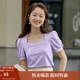 茵曼（INMAN）夏季小眾泡泡袖寬松氣質(zhì)法式顯瘦方領(lǐng)短袖T恤女上衣 丁香紫 S