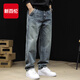 新百倫高端潮牌復古牛仔褲男冬季寬松直筒錐形男褲2025加厚大碼休閑褲子 藍色 常規 冬季厚款 34 (175)
