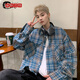 邊七復古磨毛格子襯衫男外套春秋季款寬松休閑內搭情侶長(cháng)袖格紋襯衣潮 【高質(zhì)量升級版】藍色 XL 建議體重120-135斤