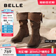 百麗（Belle）吳千語同款荒野來信西部靴女25新商場(chǎng)款絨面堆堆長(zhǎng)靴3QFC3DG5預(yù)售 深啡色 36