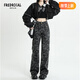 fredrical迷彩工裝牛仔褲女美式2025秋季新款高腰闊腿寬松顯瘦直筒拖地褲女 灰色長褲 XS 建議70-80斤