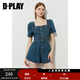 DPLAY2025年秋季新款藍色牛仔連體褲女好看法式連衣褲連體短褲 牛仔藍 XL