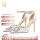 OLJ奢侈高端品牌水鉆高跟鞋女款2025年最新款尖頭細(xì)跟一字扣帶涼鞋 米白色6CM 37