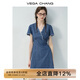 VEGA CHANG牛仔連衣裙女2025新款夏季小個(gè)子V領(lǐng)蕾絲花邊收腰短裙 海灣藍(lán)(短款) XL