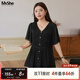 MsShe【高級感雪紡衫】大碼女裝2025夏裝胖mm法式小衫短袖V領上衣 黑色現(xiàn)貨 3XL